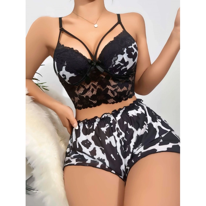 Kadın Leopar Dantel Detaylı Şortlu Gecelik Pijama Takımı 5055
