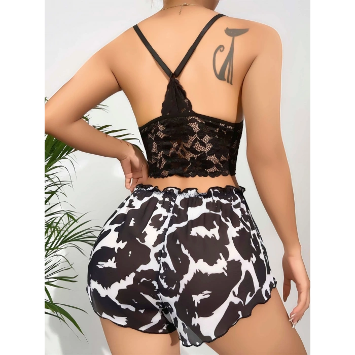 Kadın Leopar Dantel Detaylı Şortlu Gecelik Pijama Takımı 5055