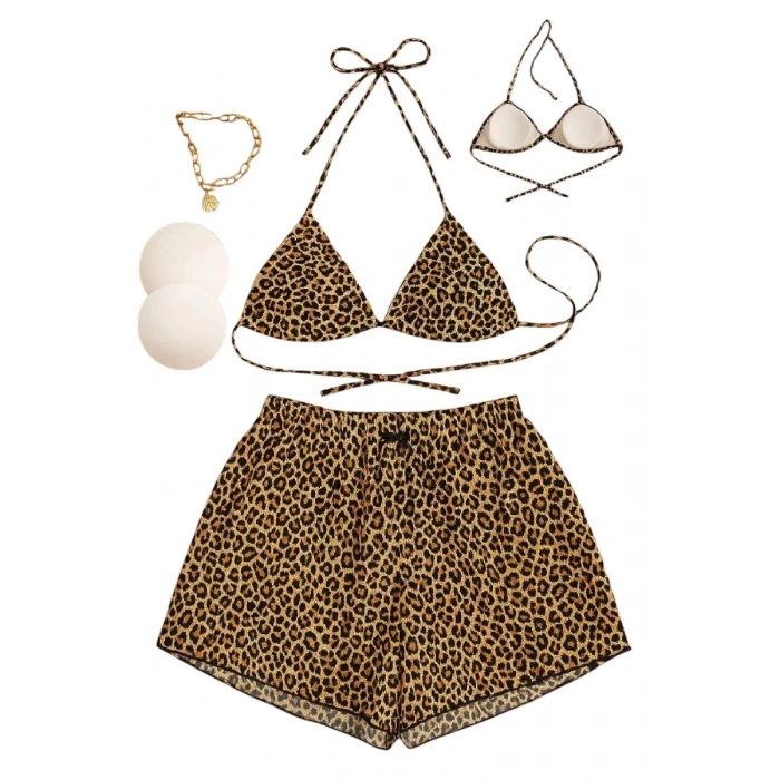 Kadın Leopar Desenli 3’lü Bikini Takımı Şortlu Yandan Bağlamalı Alt Üst Plaj Kombin Mayo Seti