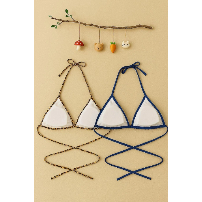 Kadın Leopar Desenli Ve Mavi Minimal Kesim Üçgen Bikini Üstü