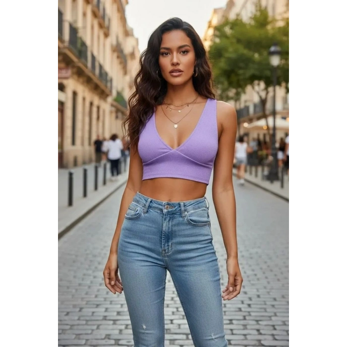 Kadın Lila Modern Fit Çapraz Sırt Detaylı Şık Crop Top Büstiyer