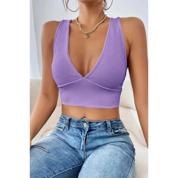 Kadın Lila Modern Fit Çapraz Sırt Detaylı Şık Crop Top Büstiyer