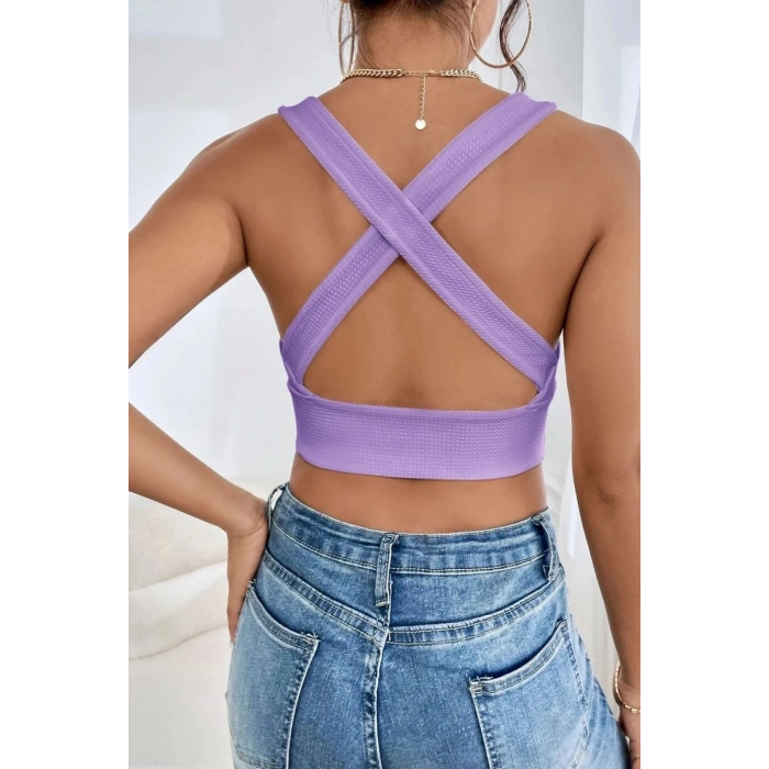 Kadın Lila Modern Fit Çapraz Sırt Detaylı Şık Crop Top Büstiyer