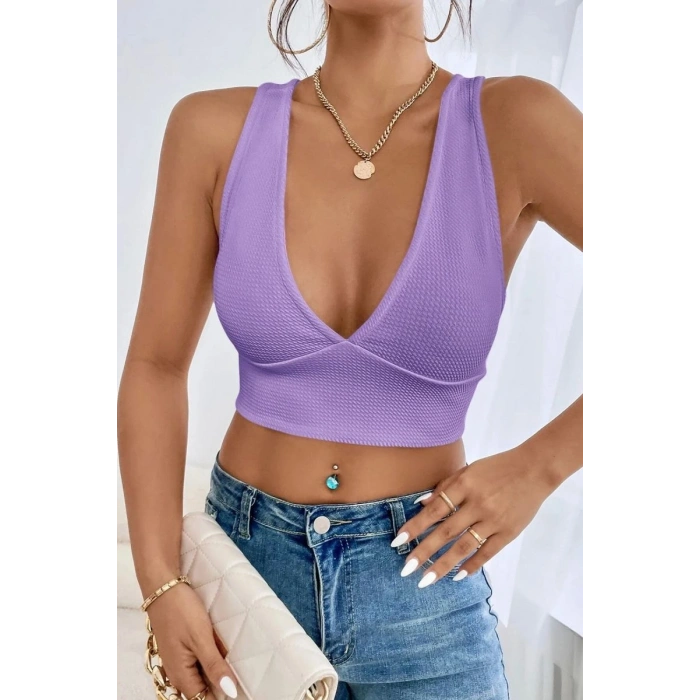 Kadın Lila Modern Fit Çapraz Sırt Detaylı Şık Crop Top Büstiyer