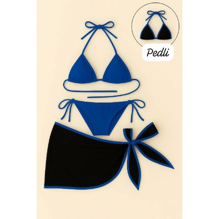 Kadın Mavi Pareolu 3’lü Bikini Takımı Yandan Ve Boyundan Bağlamalı Pedli Şık Plaj Seti