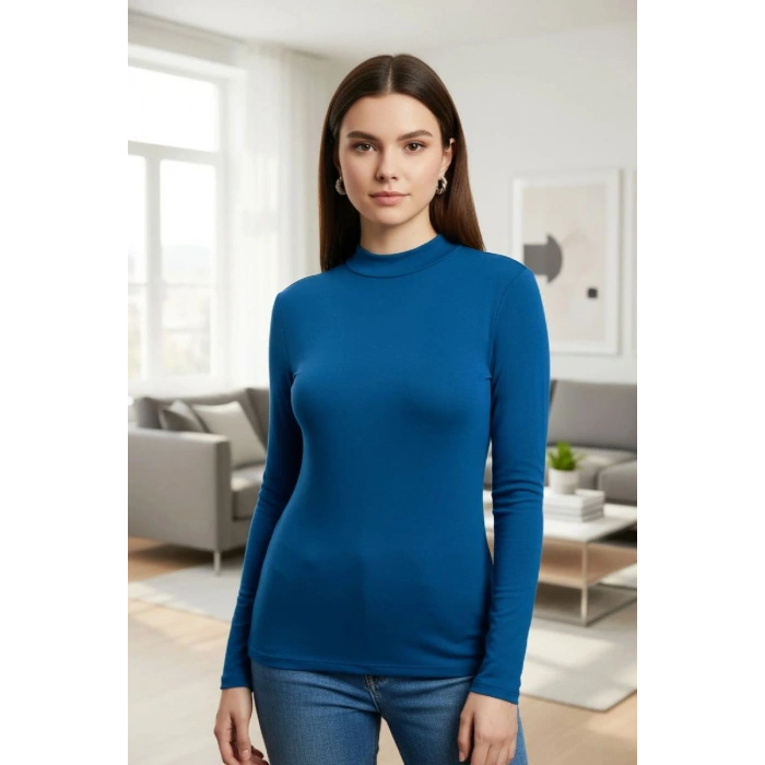 Kadın Mavi Parmak Geçmeli Uzun Kollu Body Esnek Fit Bluz