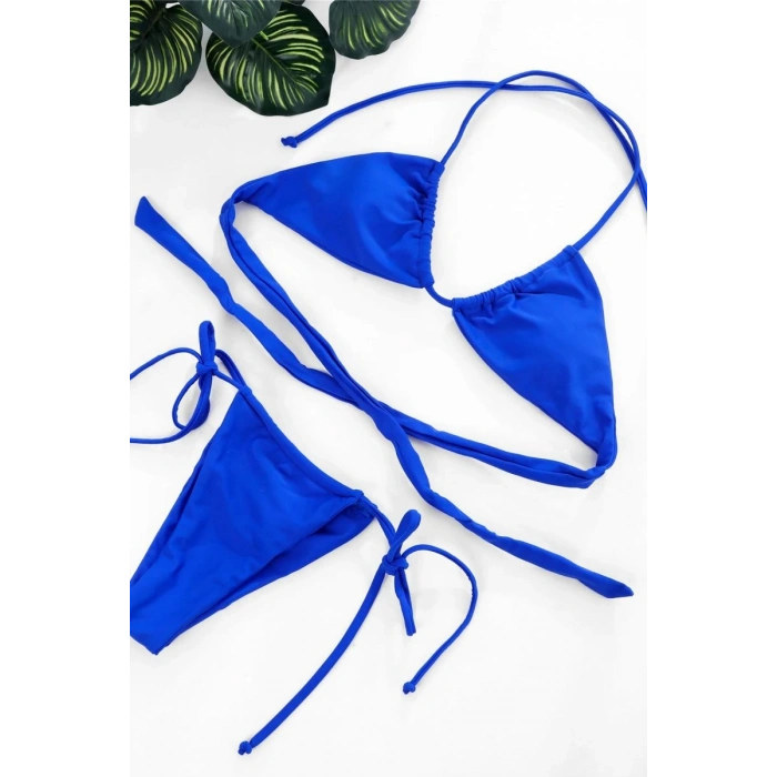 Kadın Mavi Üçgen Bikini Takımı Yandan Bağlamalı Tangalı Canlı Renk Şık Mayo Seti