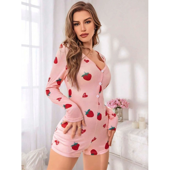 Kadın Pembe Çilek Desenli Pijama Tulumu 5125