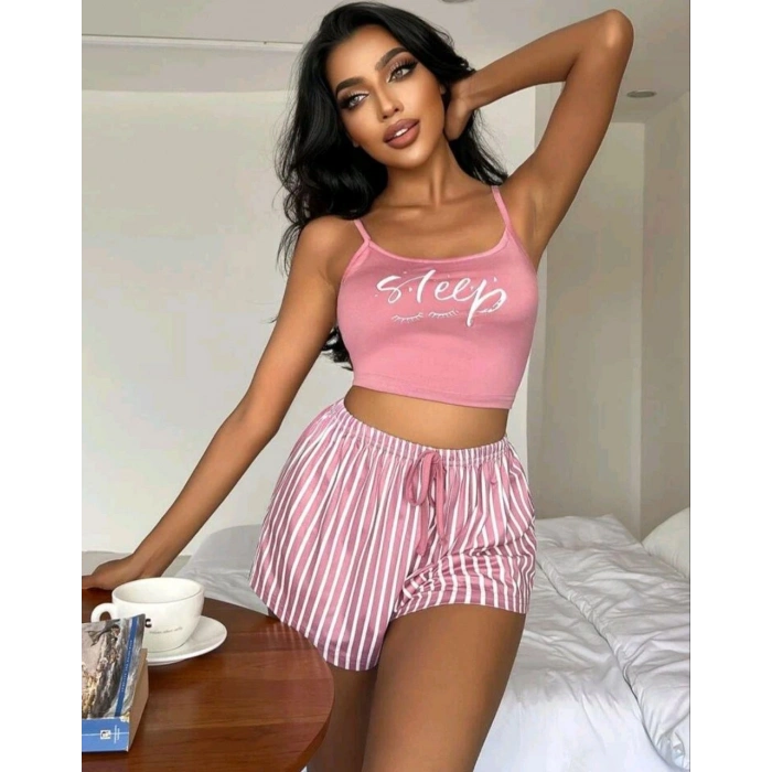 Kadın Pembe Çizgili Desen Askılı Şortlu Pijama Takım 9002