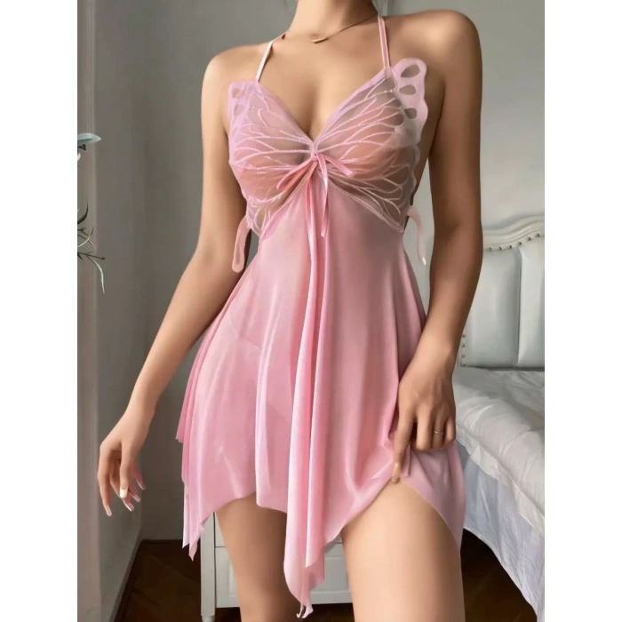 Kadın Pembe Kelebek Detaylı Tül Şık Tasarım Gecelik