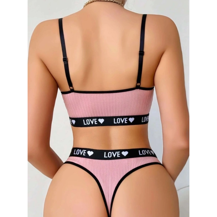 Kadın Pembe Love Yazılı Mayo Bikini Şık Esnek Kumaş Plaj Giyim Özel Tasarım