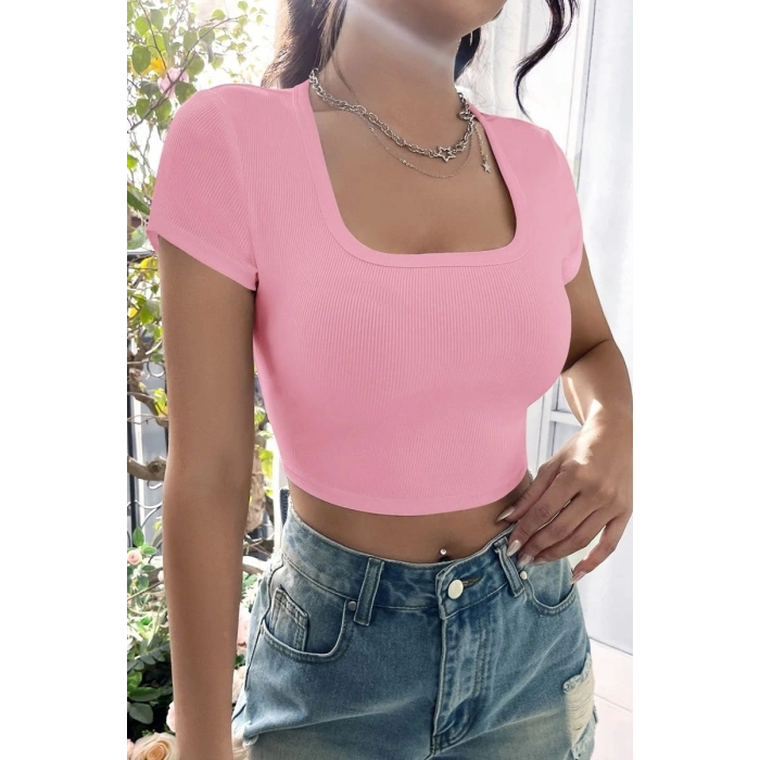 Kadın Pembe Şık Kesim Yarım Kol Crop Bluz
