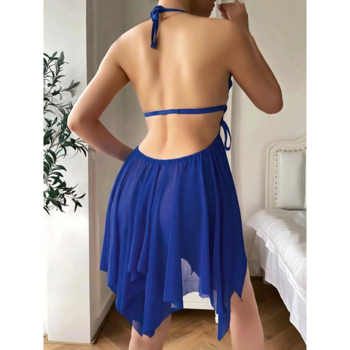 Kadın Saks Mavisi Tül Kelebek Detaylı Gecelik Şık Ve Rahat Tasarım