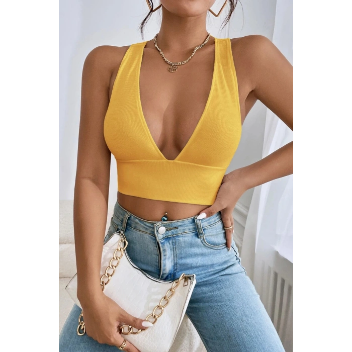 Kadın Sarı Çapraz Sırt Detaylı Şık Crop Top Büstiyer