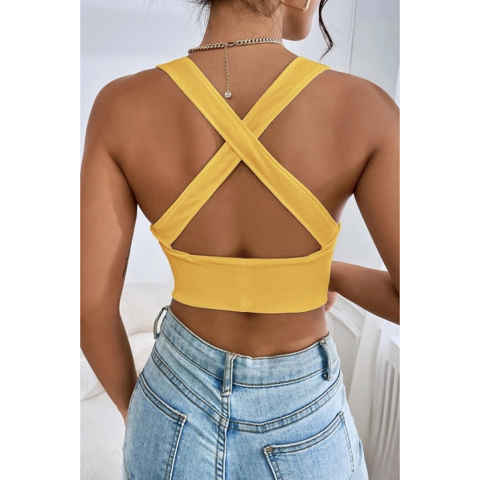Kadın Sarı Çapraz Sırt Detaylı Şık Crop Top Büstiyer