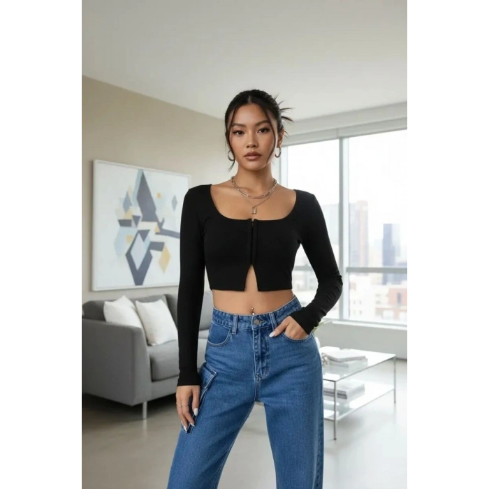 Kadın Siyah Agraflı Göğüs Ve Göbek Dekolteli Uzun Kollu Crop Top Bluz Premium Stil