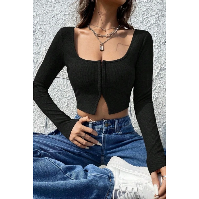 Kadın Siyah Agraflı Göğüs Ve Göbek Dekolteli Uzun Kollu Crop Top Bluz Premium Stil