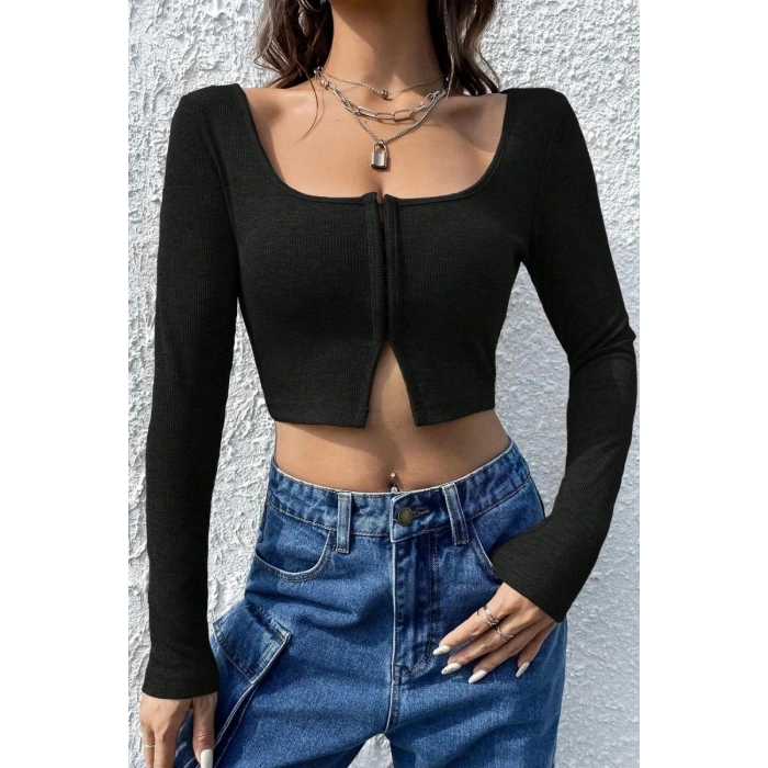 Kadın Siyah Agraflı Göğüs Ve Göbek Dekolteli Uzun Kollu Crop Top Bluz Premium Stil