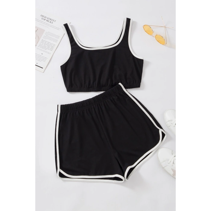 Kadın Siyah Askılı Crop Top Ve Şortlu Gecelik Takım