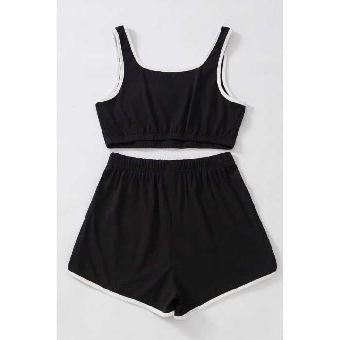 Kadın Siyah Askılı Crop Top Ve Şortlu Gecelik Takım