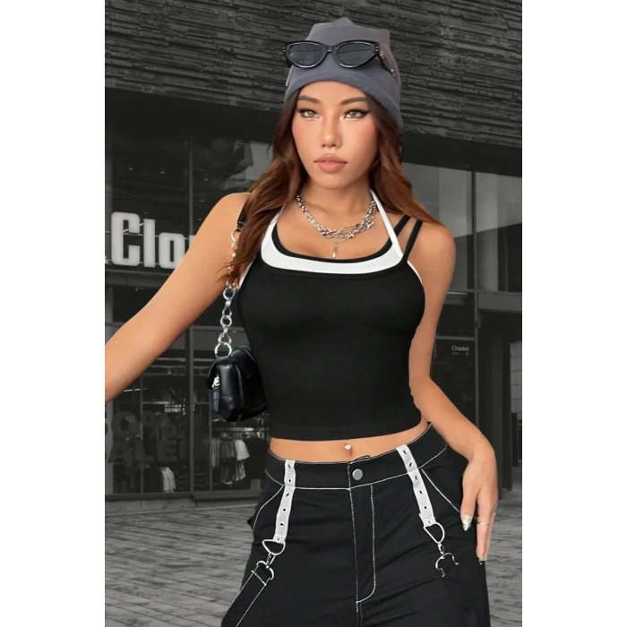 Kadın Siyah Beyaz Çift Renk Çapraz Askılı Crop Top Bluz Şık Esnek