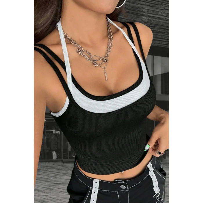 Kadın Siyah Beyaz Çift Renk Çapraz Askılı Crop Top Bluz Şık Esnek