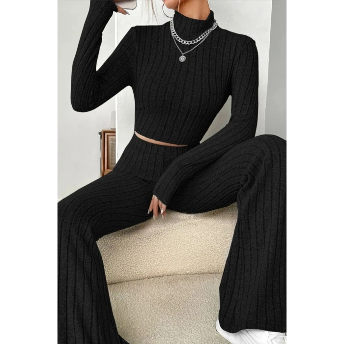 Kadın Siyah Boğazlı Crop Top Yüksek Bel Eşofman Takımı Spor Şık 2’li Set
