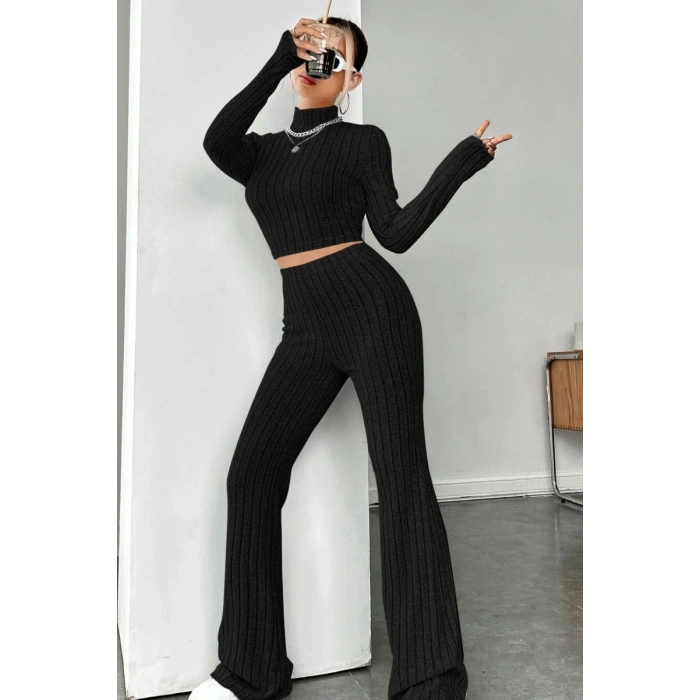 Kadın Siyah Boğazlı Crop Top Yüksek Bel Eşofman Takımı Spor Şık 2’li Set