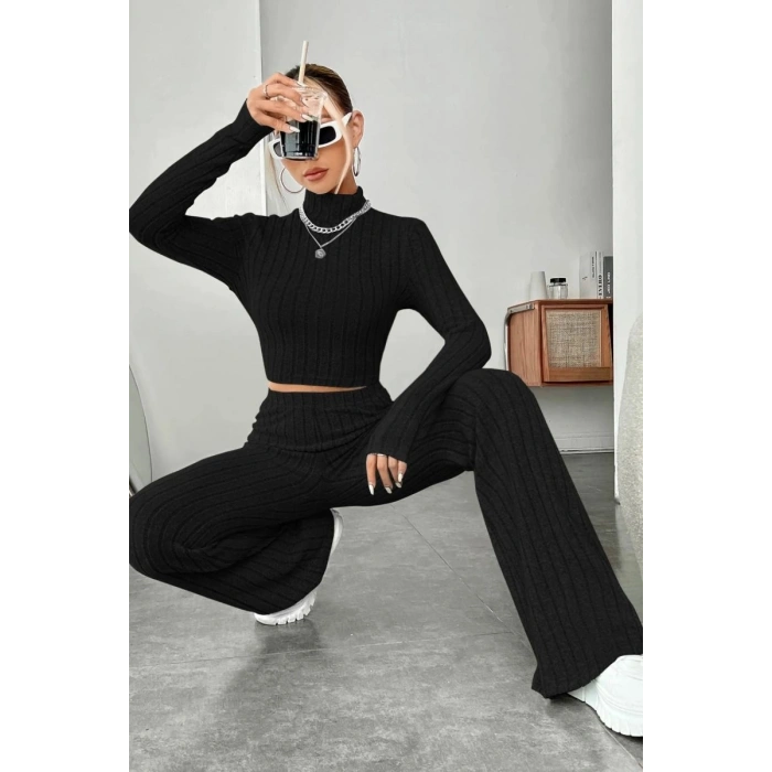 Kadın Siyah Boğazlı Crop Top Yüksek Bel Eşofman Takımı Spor Şık 2’li Set