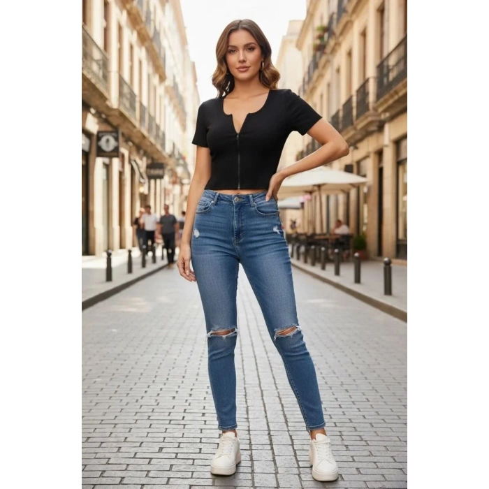 Kadın Siyah Çift Fermuarlı Modern Yarım Kol Crop Top Bluz