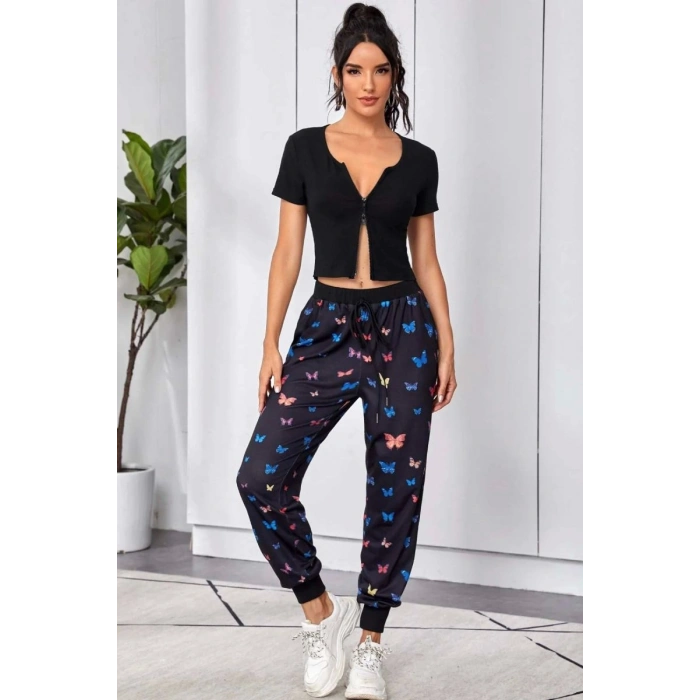 Kadın Siyah Çift Fermuarlı Modern Yarım Kol Crop Top Bluz