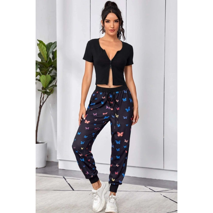 Kadın Siyah Çift Fermuarlı Yarım Kol Crop Top Bluz