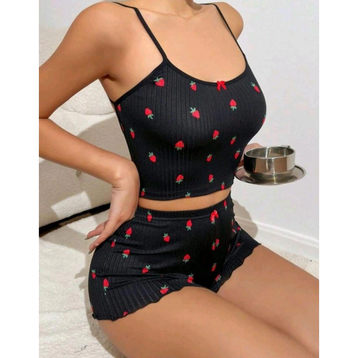 Kadın Siyah Çilek Desenli Seksi Gecelik Takım 6644