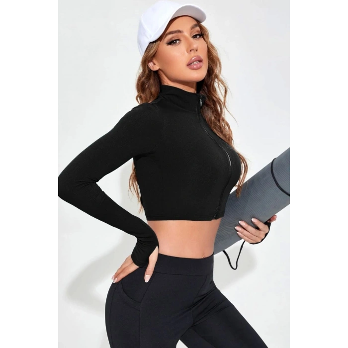 Kadın Siyah Dik Yaka Fermuarlı Uzun Kollu Parmak Geçmeli Crop Top Spor Bluz