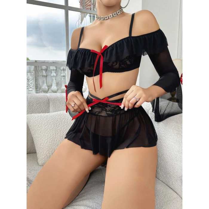 Kadın Siyah Etek Bustiyer Sexy Gecelik Takım 3831