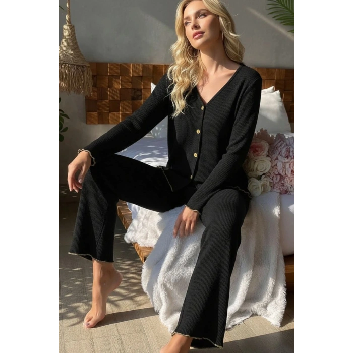 Kadın Siyah Gold Biyeli Fitilli Yumuşak Dokulu Pijama Takımı Premium Ev Giyim