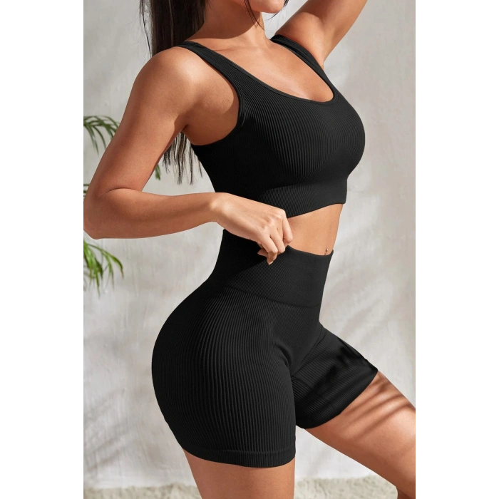 Kadın Siyah Kalın Askılı Yüksek Bel Şortlu Gecelik Takımı