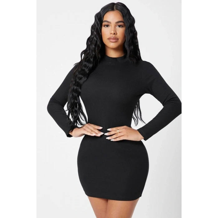 Kadın Siyah Kaşkorse Balıkçı Yaka Uzun Kollu Bodycon Mini Elbise Premium Şık Stil