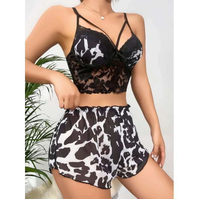 Kadın Siyah Leopar Desenli Dantel Detaylı Şortlu Gecelik Pijama Takımı Şık 2’li Set
