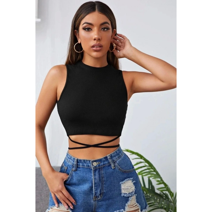 Kadın Siyah Modern Fit Çapraz Bağlamalı Crop Top Büstiyer