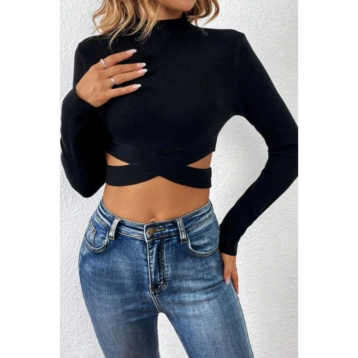 Kadın Siyah Modern Fit Çapraz Bel Detaylı Dik Yaka Uzun Kol Crop Top Bluz