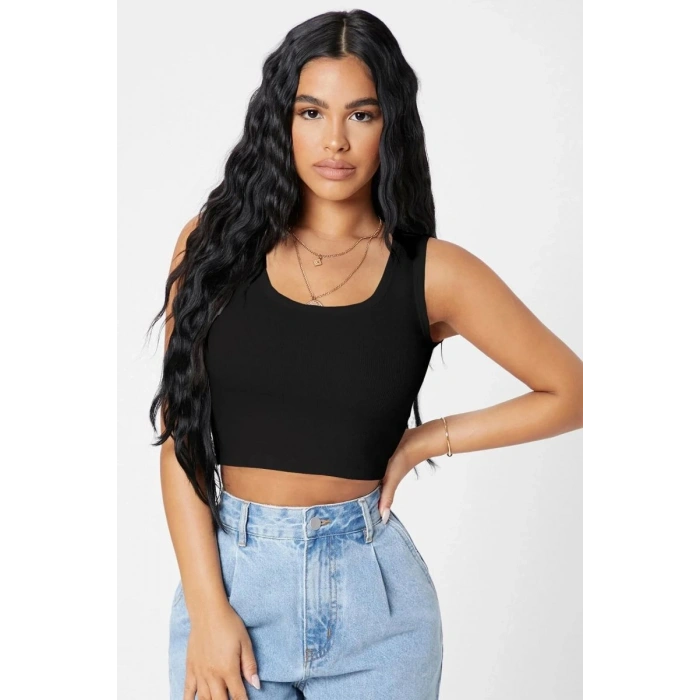 Kadın Siyah Modern Fit Kare Yaka Crop Top Bluz