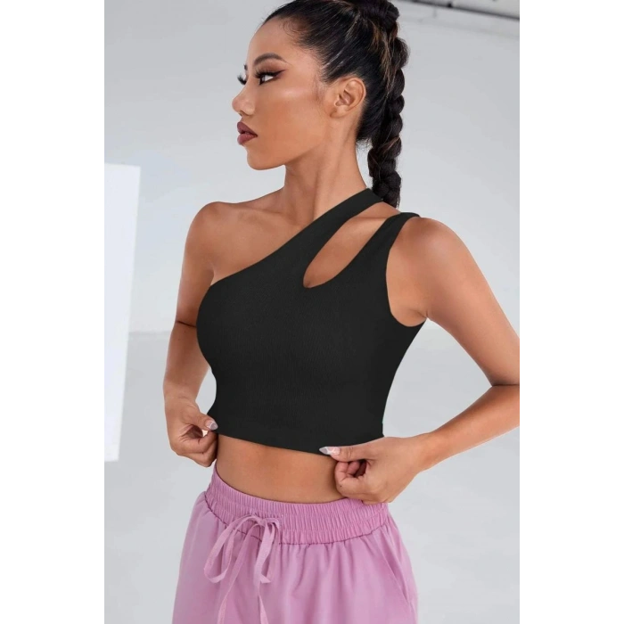 Kadın Siyah Modern Fit Tek Omuz Cut Out Detaylı Crop Top Bluz