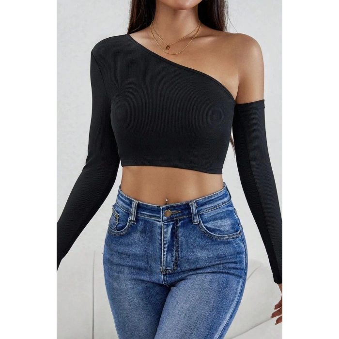 Kadın Siyah Modern Fit Tek Omuz Detaylı Uzun Kol Crop Top Bluz