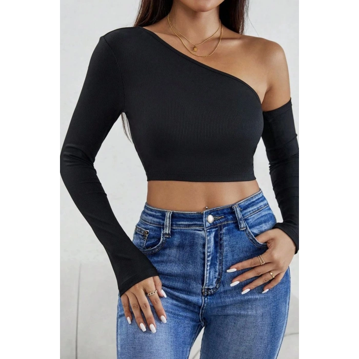 Kadın Siyah Modern Fit Tek Omuz Detaylı Uzun Kol Crop Top Bluz