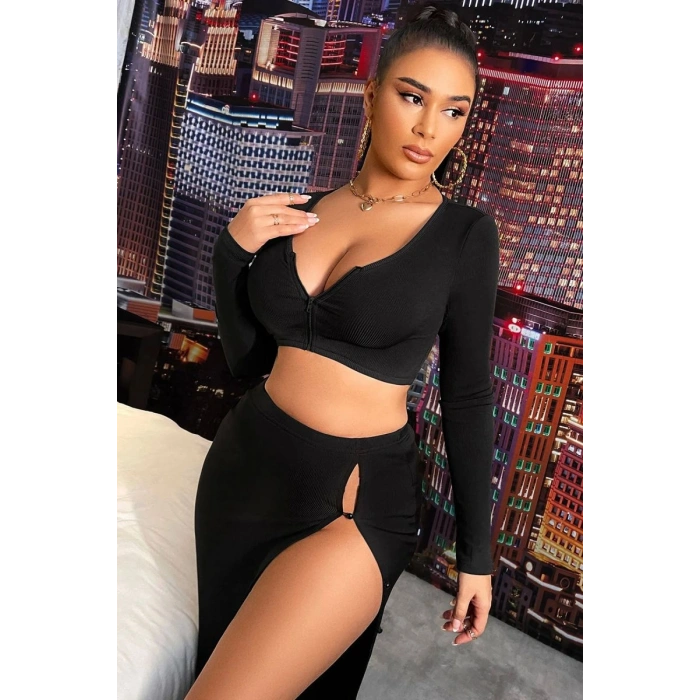Kadın Siyah Modern Fit Uzun Kol Göğüs Ve Göbek Dekolteli Fermuarlı Crop Top Bluz