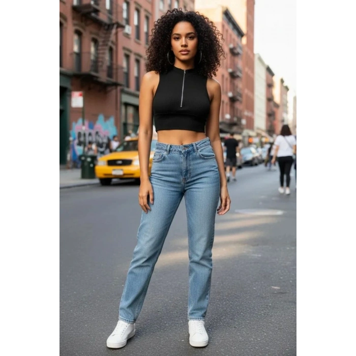 Kadın Siyah Modern Kesim Yarım Fermuarlı Crop Top