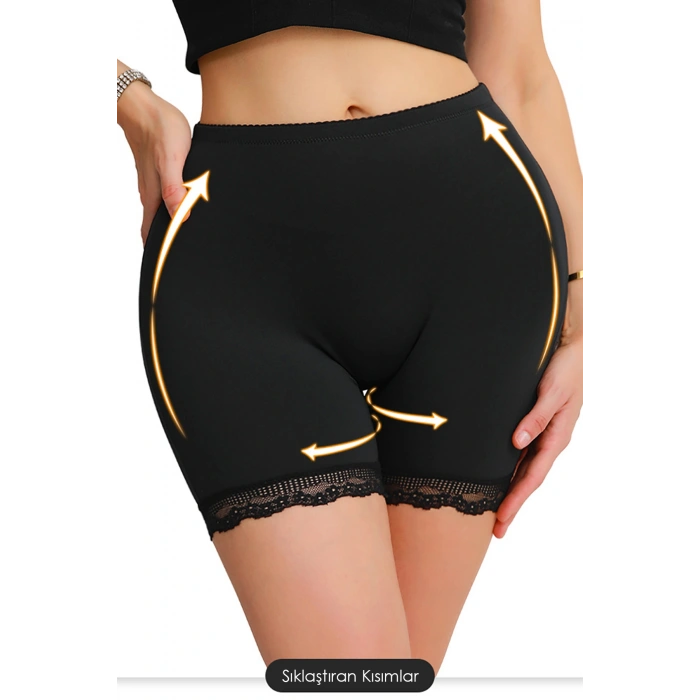 Kadın Siyah Pop Up Kalça Kaldırıcı Ve Sekillendirici Dantel Paçalı Şort Külot