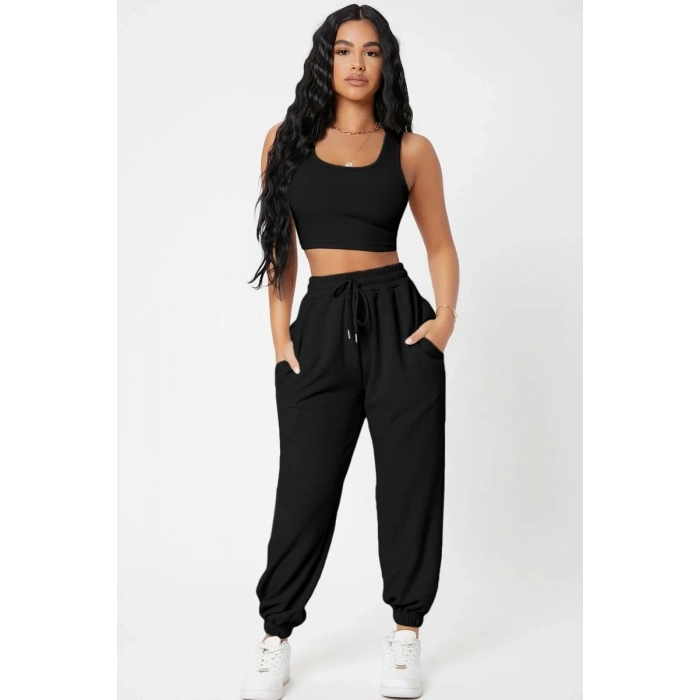 Kadın Siyah Premium Görünümlü Kaşkorse Cepli Jogger Eşofman Altı Ve Crop Top Bluz Takımı