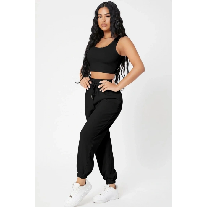 Kadın Siyah Premium Görünümlü Kaşkorse Cepli Jogger Eşofman Altı Ve Crop Top Bluz Takımı